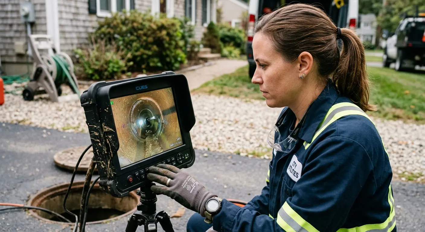 Technician reviewing sewer camera inspection footage in St. Augustine