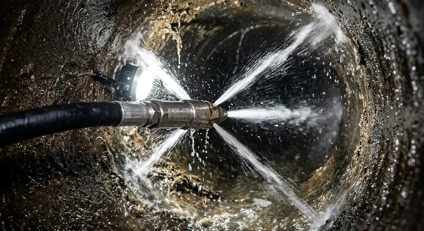 High-pressure hydro jetting nozzle cleaning sewer pipe for Trenchless Sewer Repair in St. Augustine