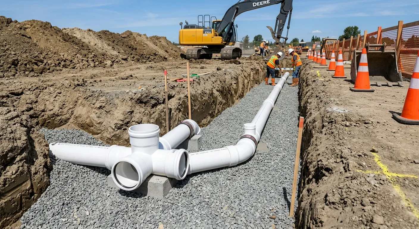 New PVC sewer pipe installation in open trench for Commercial Drain Cleaning in St. Augustine