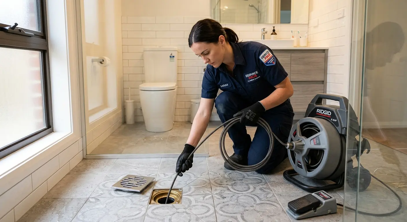 Technician clearing a bathroom floor drain for Clogged Drain Repair in St. Augustine